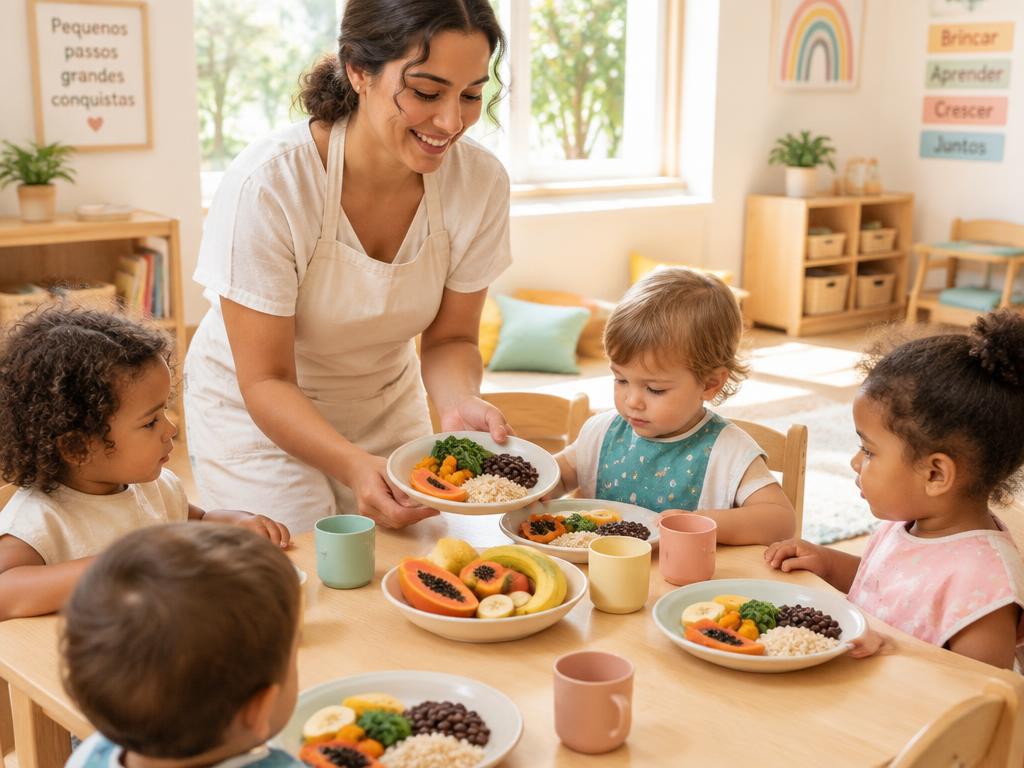 Maestra sirviendo almuerzo saludable a los niños